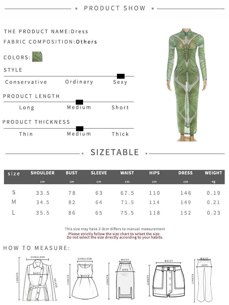 Sexy See Through Women Dress Butterfly Print Long Sleeve Elegant Stretch Skinny Midnight Clubwear Midnight Bodycon