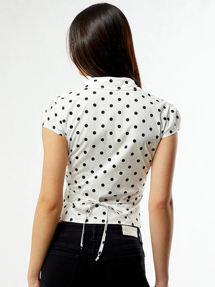 Polka Dot Short Sleeve Sexy Tops Women Cardigan Elegant Turn-down Collar Single-breasted Ruched Lace-up Club Party Top
