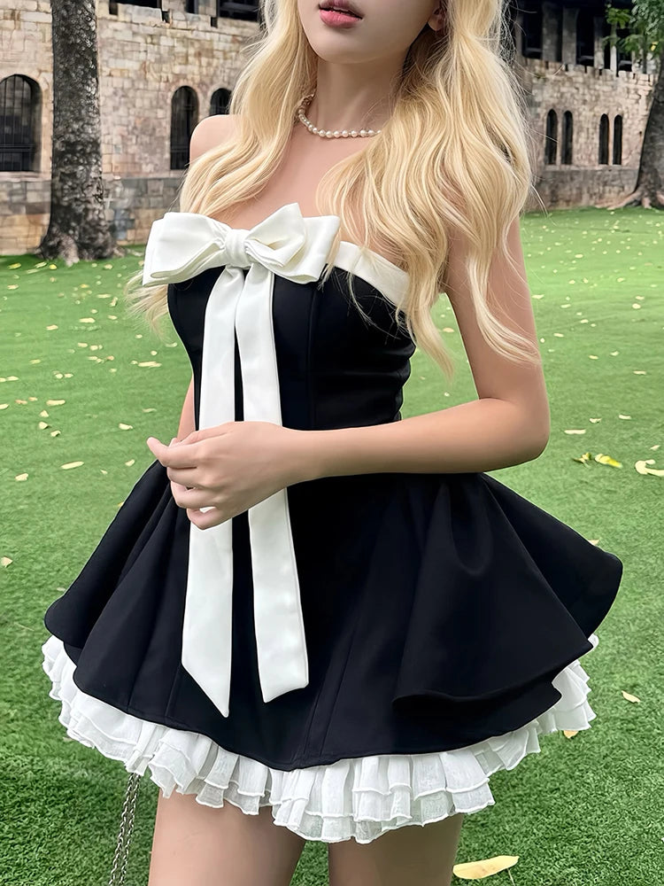 Bow Ribbon Dress 2-Piece Set Women Patchwork Strapless Ball Gown+Sweet Flares Tierred Skirt Elegant Birthday Outfits