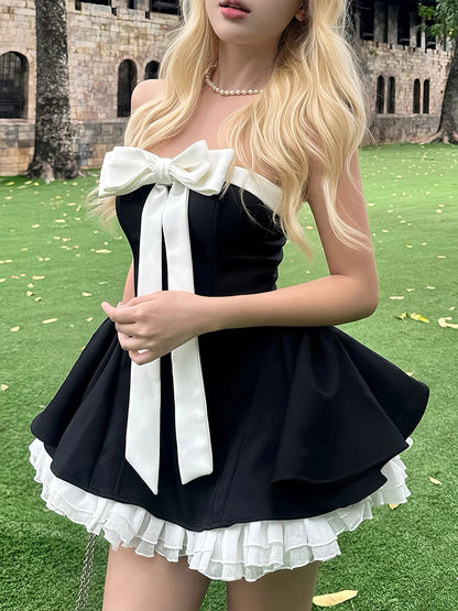 Bow Ribbon Dress 2-Piece Set Women Patchwork Strapless Ball Gown+Sweet Flares Tierred Skirt Elegant Birthday Outfits