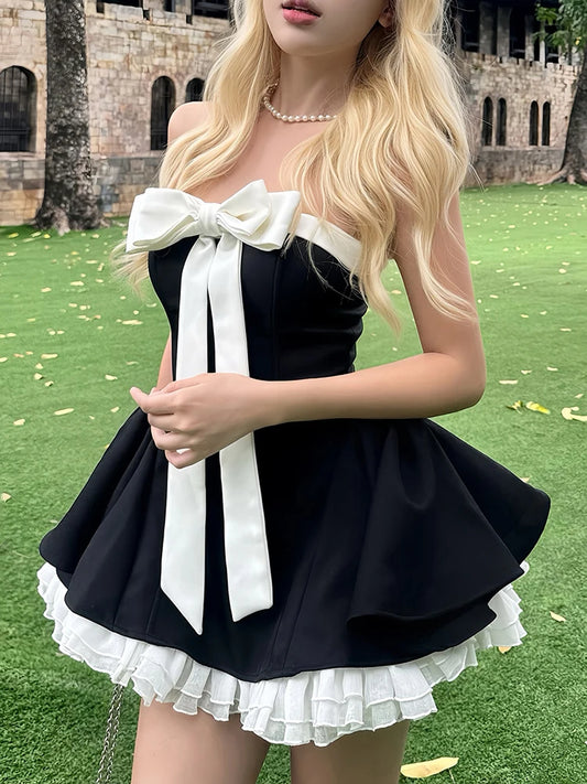 Bow Ribbon Dress 2-Piece Set Women Patchwork Strapless Ball Gown+Sweet Flares Tierred Skirt Elegant Birthday Outfits