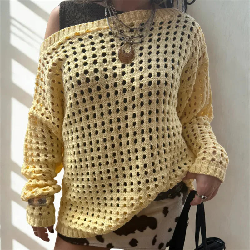 Women Retro Y2K Hollow Knit Mesh Sweater Off‑Shoulder Slouchy Oversized Pullover Long Sleeve Grunge Vintage Street Tops