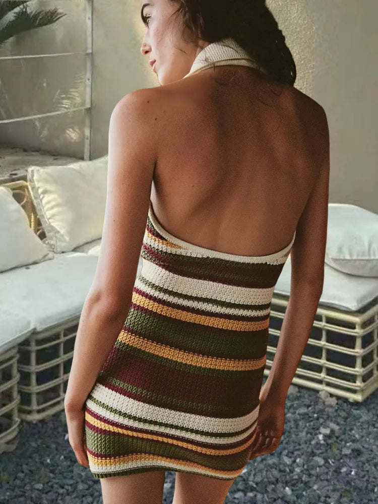 Colorful Stripe Mini Dress Women Halter Low-Neck Sexy Backless Skinny High Elastic Vacation Fashion Trend Streetwear