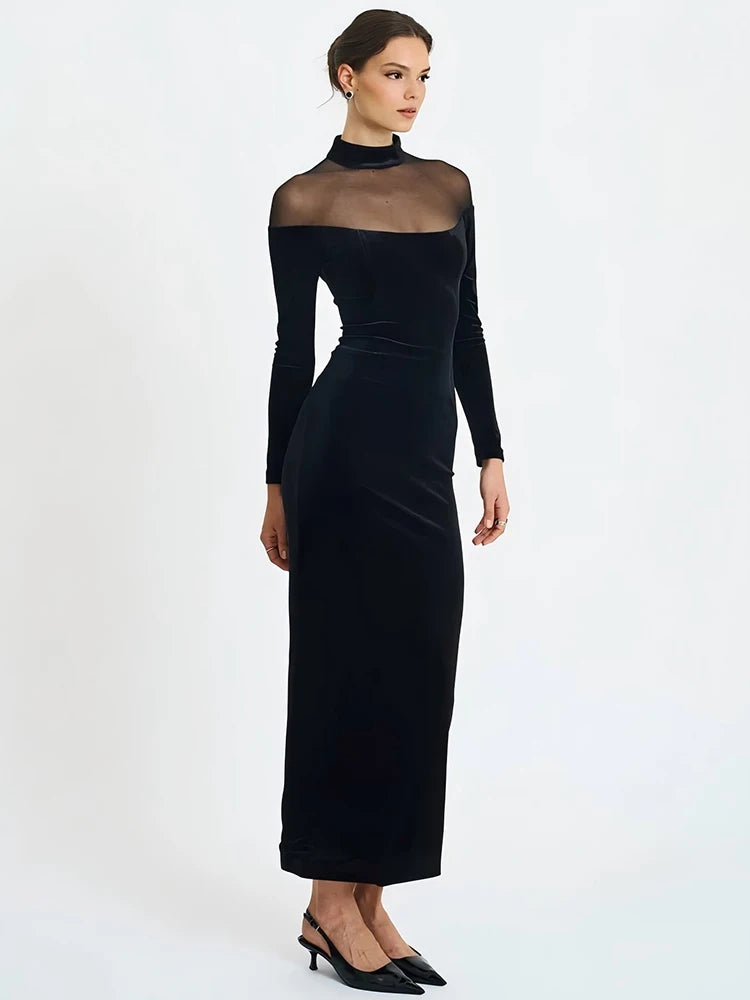 Sheer Off-shoulder Long Sleeve Sexy Maxi Dress Women Gown Elegant Half High Collar Backless Bodycon Club Party Dresses