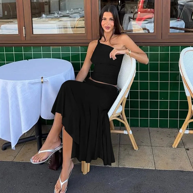 One Shoulder Crop Top and Pleated Skirt 2 Piece Set Summer Outfit Woman 2025 Elegant Long Dresses