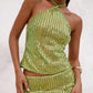 Sexy Sequin Halter Top Women Tie Back Sleeveless Open Back Glitter Crop Top For Clubwear Night Out And Music Festival