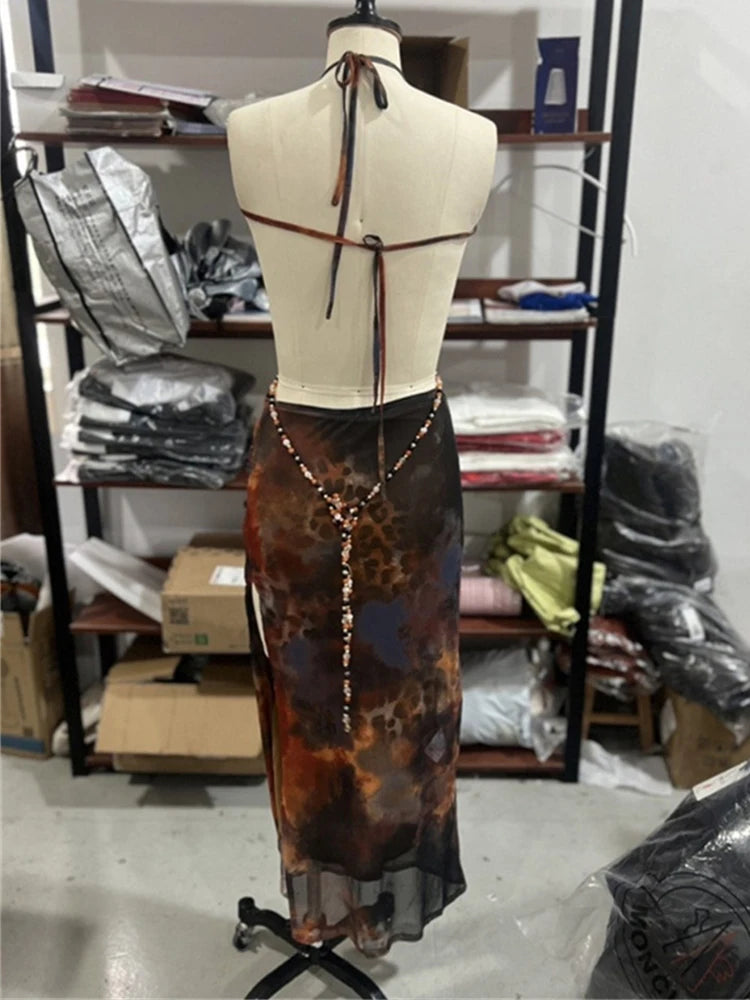 Irregular Hollow Pearl Chains Patchwork Maxi Dress Women Sexy See Through Lace-Up Halter Backless Fashion Vestidos