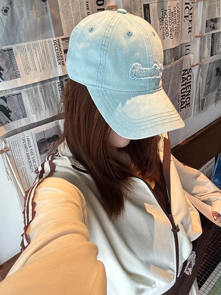 Vintage Washed Fashion Raw Edge Letter Embroidery Soft Top Baseball Cap Fashion Versatile for Women