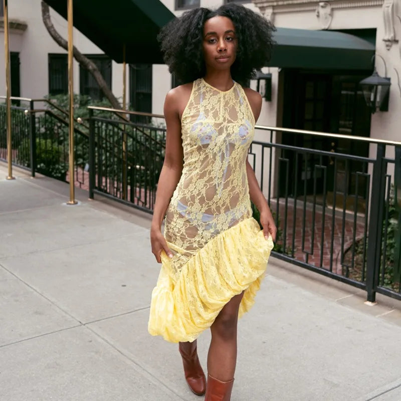 See Through Lace High Low Dresses Sexy Summer Beach Cover Up Asymmetrical Sleeveless Long Dresses