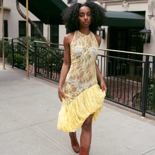See Through Lace High Low Dresses Sexy Summer Beach Cover Up Asymmetrical Sleeveless Long Dresses