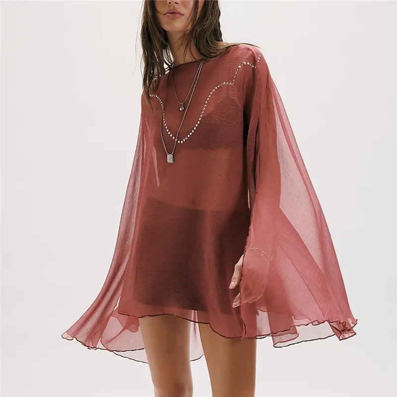 Women Sheer Chiffon Poncho Blouse Rhinestone Beaded Wide Flare Sleeve Loose Oversized Mesh Tunic Beach Cover Up Tops