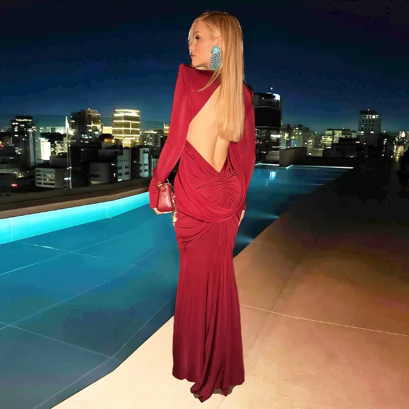 Long Sleeve Backless Maxi Party Dresses Sexy Solid Color Black Dress Woman Elegant Evening Gown Autumn 2025