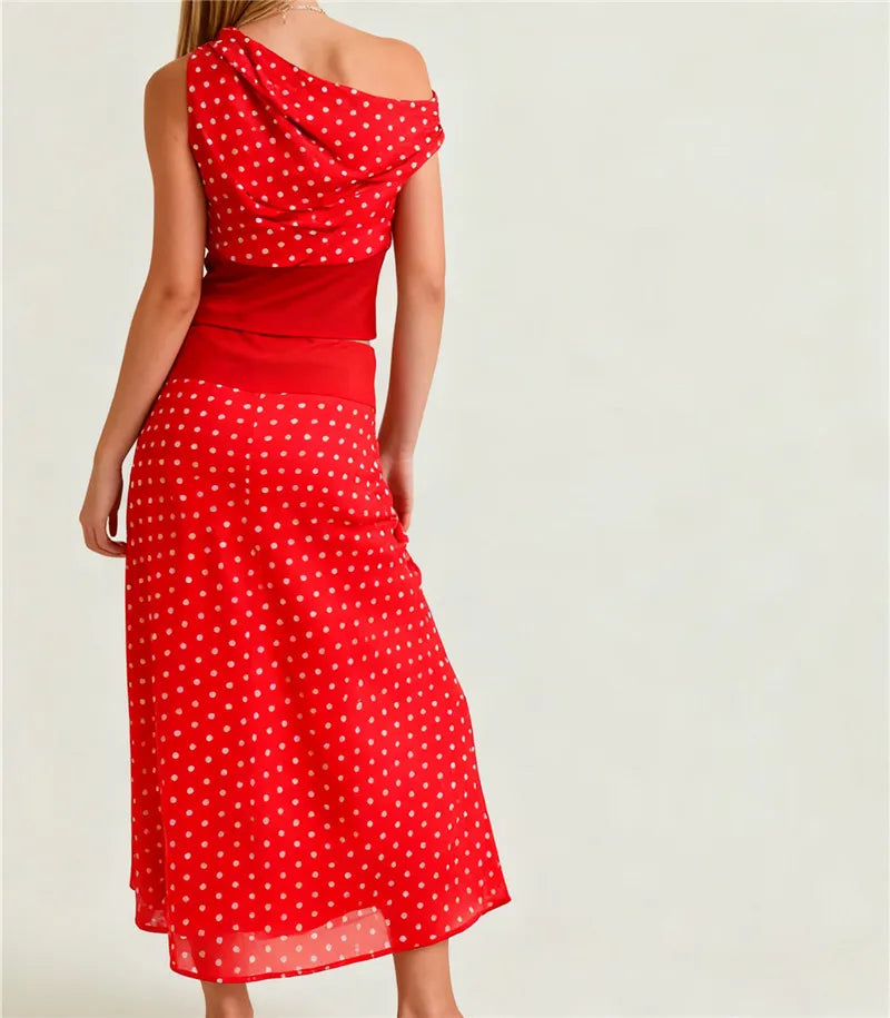 Women's 2 Piece Skirt Outfits Off One Shoulder Y2K Dots Print Tank Tops and Long Skinny Skirt Set Summer Party Clubwear