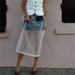 Women Minimalist Sheer Mesh Layering Midi Skirt Transparent See-Through Trimmed Hem Versatile Overlay Skirt CasualOffice