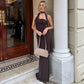 Halter Backless Long Maxi Dresses for Elegant Woman Brown Mesh Party Dress