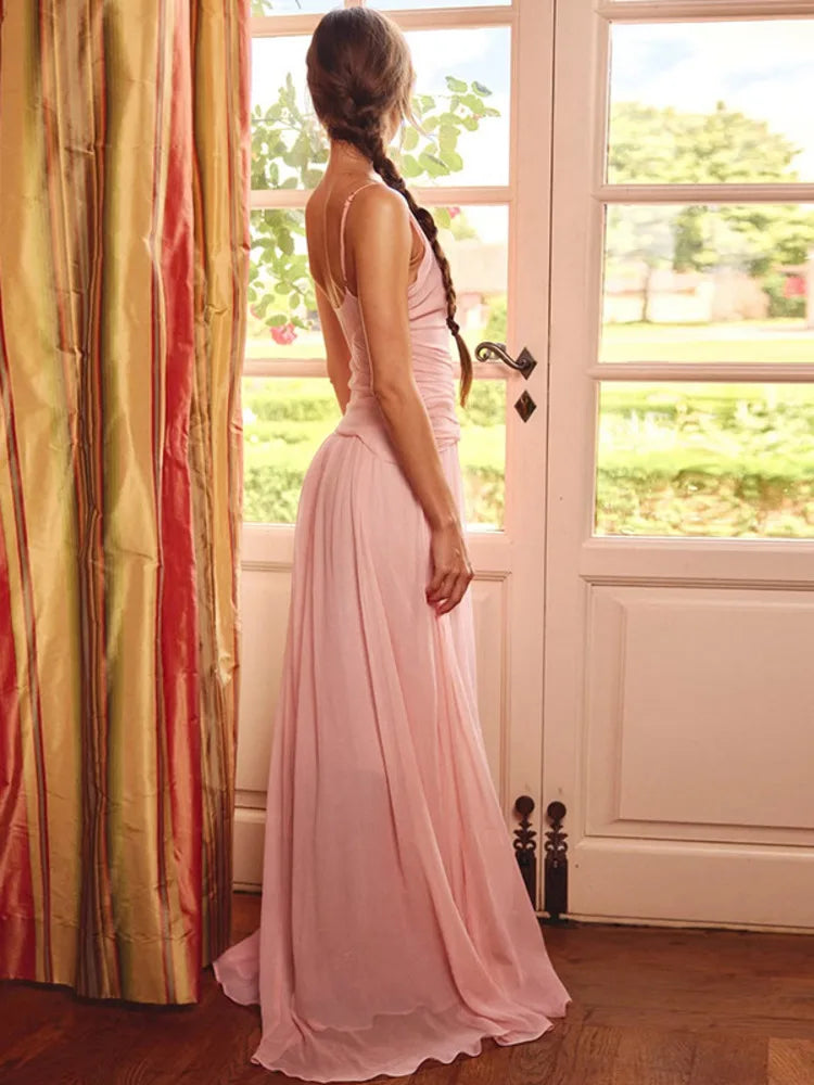 Chiffon Backless Sexy Maxi Dress Women Elegant Pink V Neck Sleeveless Ruched High Split Bodycon Club Party Long Dress