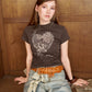 Women's Cropped T-Shirt with Heart Graphic Print, Ruched Side Short Sleeve Top for Everyday