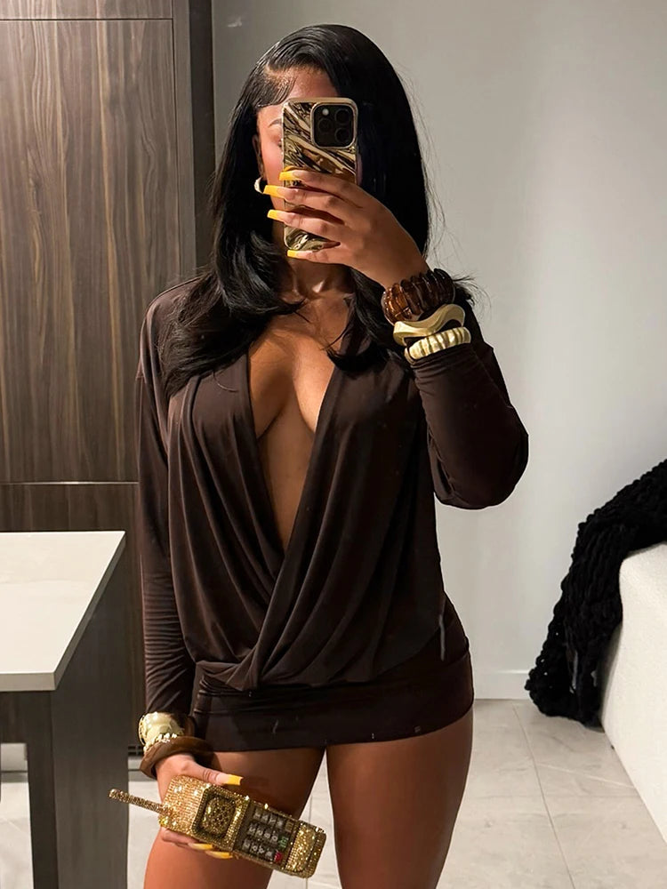 Sexy V-Neck Dress Women Elegant Peach Hip Full Sleeve Autumn Fashion 2025 Banquet Party Clubwear Skinny Mini Bodycon