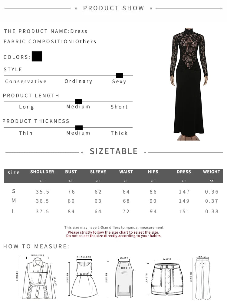 Lace Patchwork Maxi Dress Women Turtleneck Full Sleeve Skinny Folds Zipper Sexy Midnight Fashion Prom Party Chic Vestidos