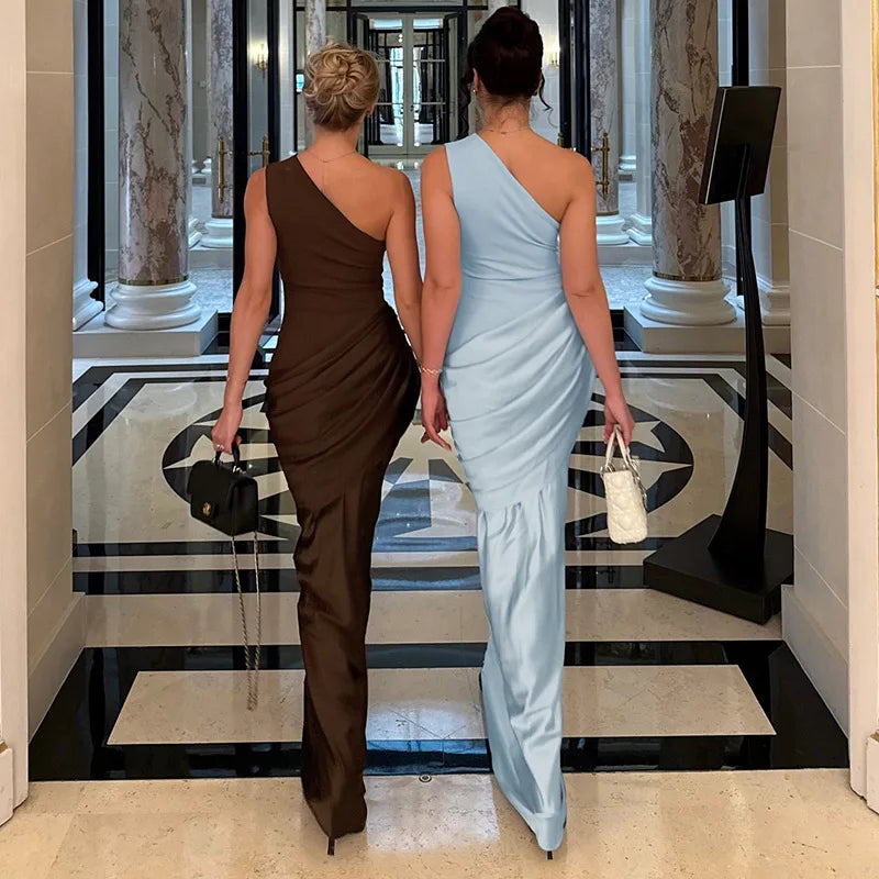 One Shoulder Pleated Satin Patchwork Fishtail Maxi Dresses Sexy Elegant Party Wedding Guest Dress Women