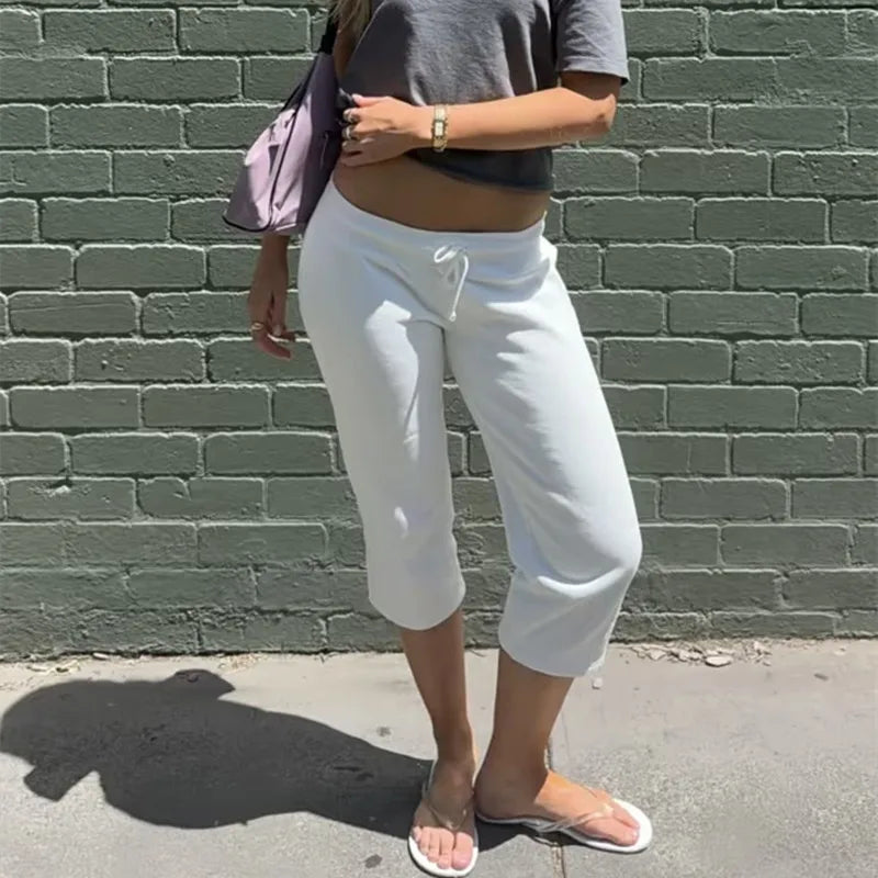Women Low Waist Drawstring Capri Sweatpants Loose 3/4 Length Cropped Casual Pants Y2K Streetwear Daily Loungewear