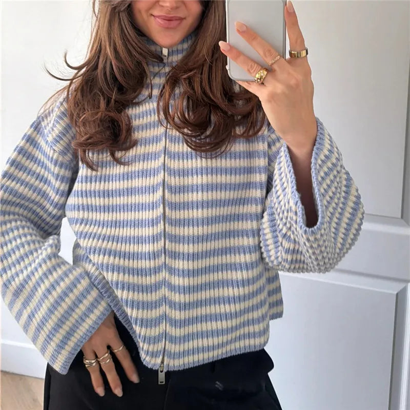 Women Striped Knitted Cardigan High Neck Double Zipper Long Sleeve Loose Cropped Sweater Coat Y2K Fall Winter Streetwear
