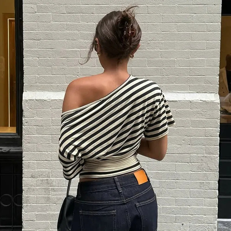 One Shoulder Ruched Striped Crop Tops Summer Short Sleeve T Shirts Fashion 2026 Woman Clothes