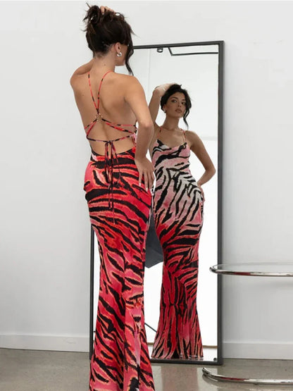 Gradient Animal Print Backless Halter Maxi Dresses for Women Beach Vacation Outfits Sexy Summer Dress 2025