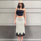 White Polka Dot Midi Skirt with Black Lace Trim Hem Elegant Woman Clothing Fishtail Skirts