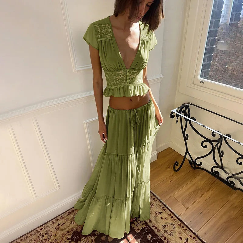 Women's Matching Sets Sexy Lace Chiffon Cardigan Top and Tiered Maxi Skirt 2 Piece Set Vacation Outfits