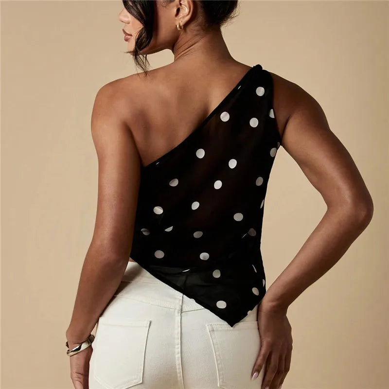 Women Y2K Polka Dot Mesh Top One Shoulder Asymmetric Hem Sheer See-Through Chiffon Halter Top Going Out Streetwear