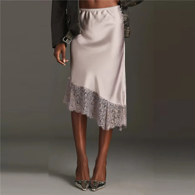 Women Lace Satin Midi Skirt Y2K Lace Trim Silk Half Slip Skirt High Waist A Line Long Underskirt Going Out Streetwear