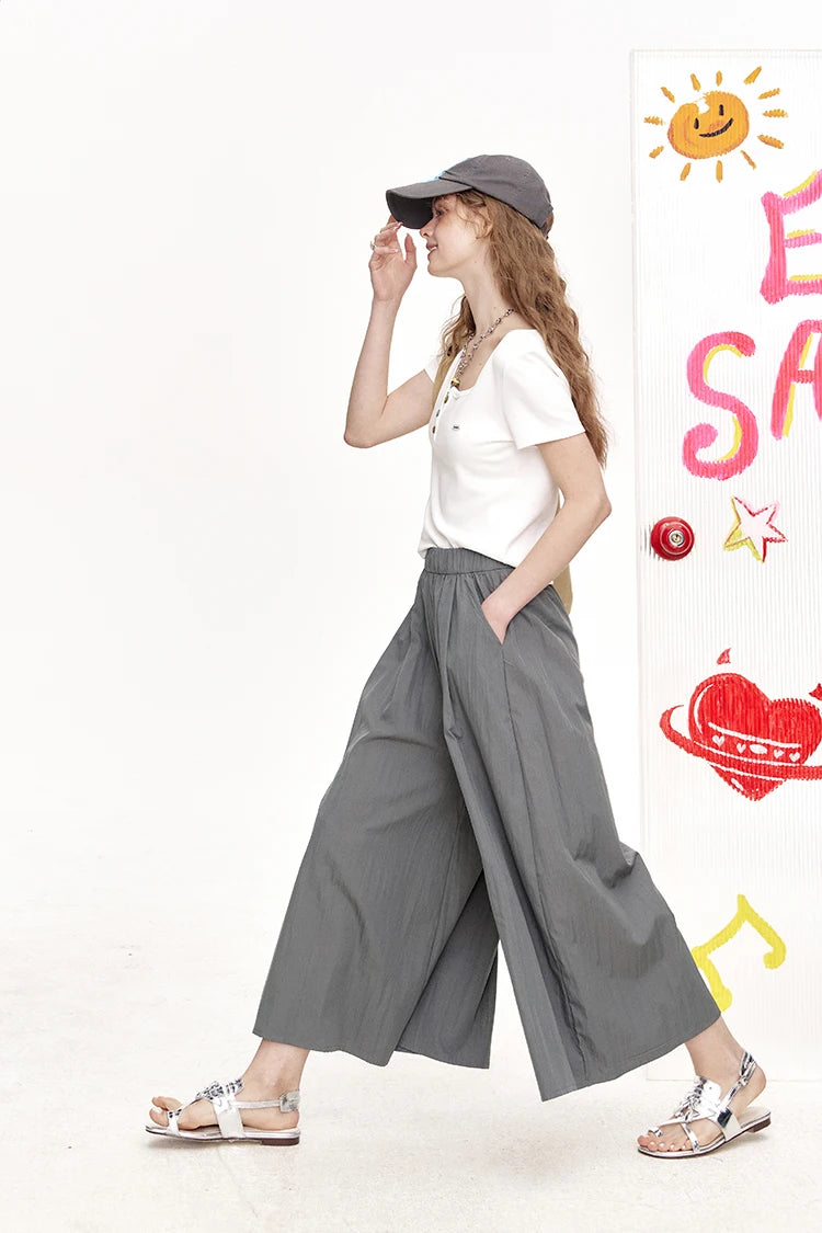 Elastic Waist Pleated Side Pocket Wide Leg Cropped Pants for Women