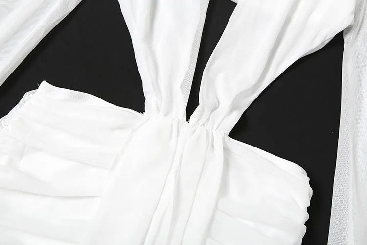 Sexy See Through Dress Women Deep V-Neck Full Sleeve Hollow Waistless Ruched Knot Ribbon Street Elegant Long Bodycon