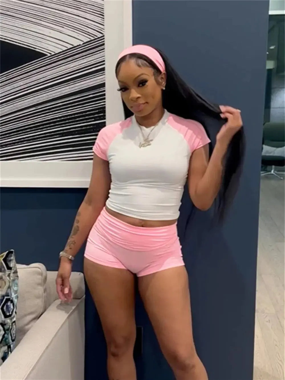 Summer Sporty Patchwork 3 Piece Set Women Casual Headband+Crop Top+High Waist Bike Shorts Street Fit Matching Tracksuit