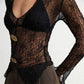 Women Sheer Lace Long Sleeve Top V Neck Halter Button Decor Asymmetrical Hem See Through Blouse Y2K Aesthetic Clubwear