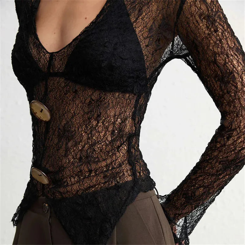 Women Sheer Lace Long Sleeve Top V Neck Halter Button Decor Asymmetrical Hem See Through Blouse Y2K Aesthetic Clubwear