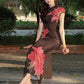 Short Sleeve Skinny Button Flower Print Women Stand-Up Collar Elegant Chinese Style Summer Trend Daily Classic Vestidos