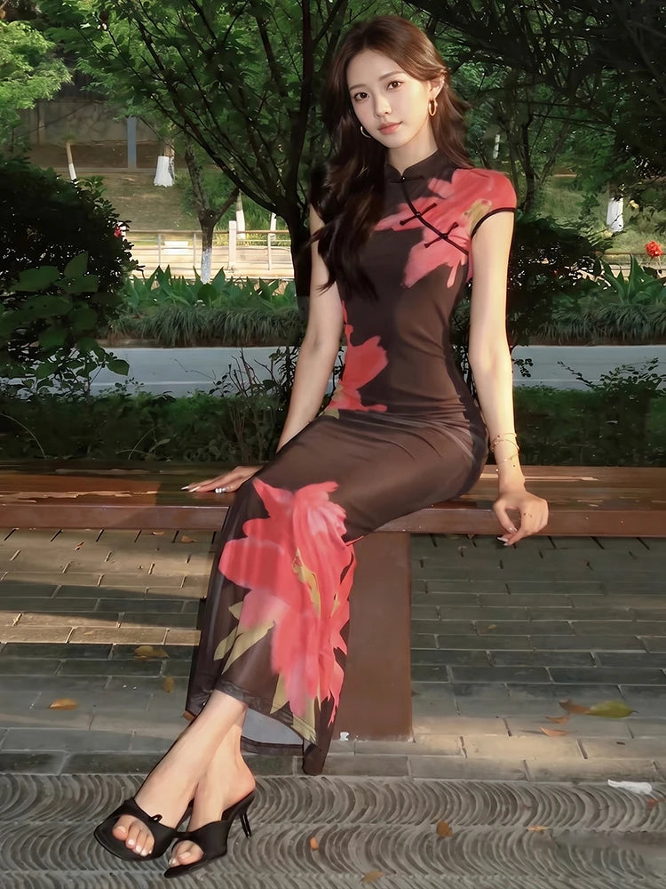 Short Sleeve Skinny Button Flower Print Women Stand-Up Collar Elegant Chinese Style Summer Trend Daily Classic Vestidos