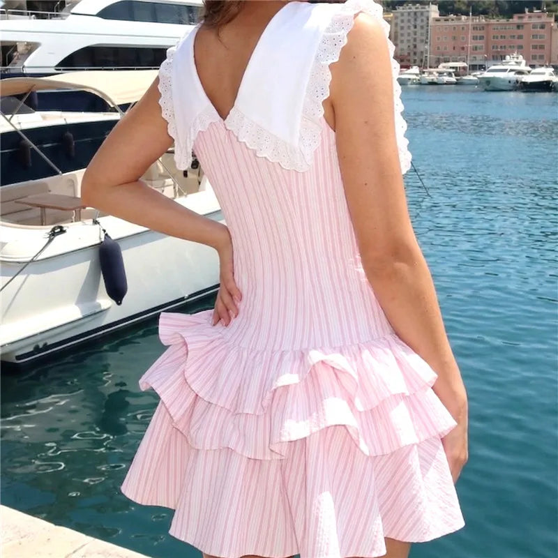 Eyelet Lace Peter Pan Collar Striped Mini Dress Women Sleeveless Bow Tiered Ruffle Cake Dress Holiday Party Short Dress