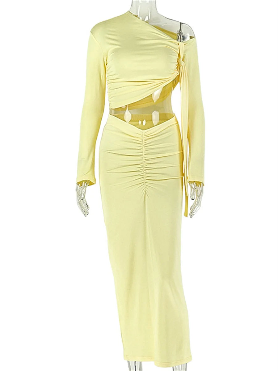 Fashion 2 Piece Set Women Trend Off-Shoulder Skew Collar Full Sleeve Crop Tops+Ruched Skirt Elegant Party Club Suit