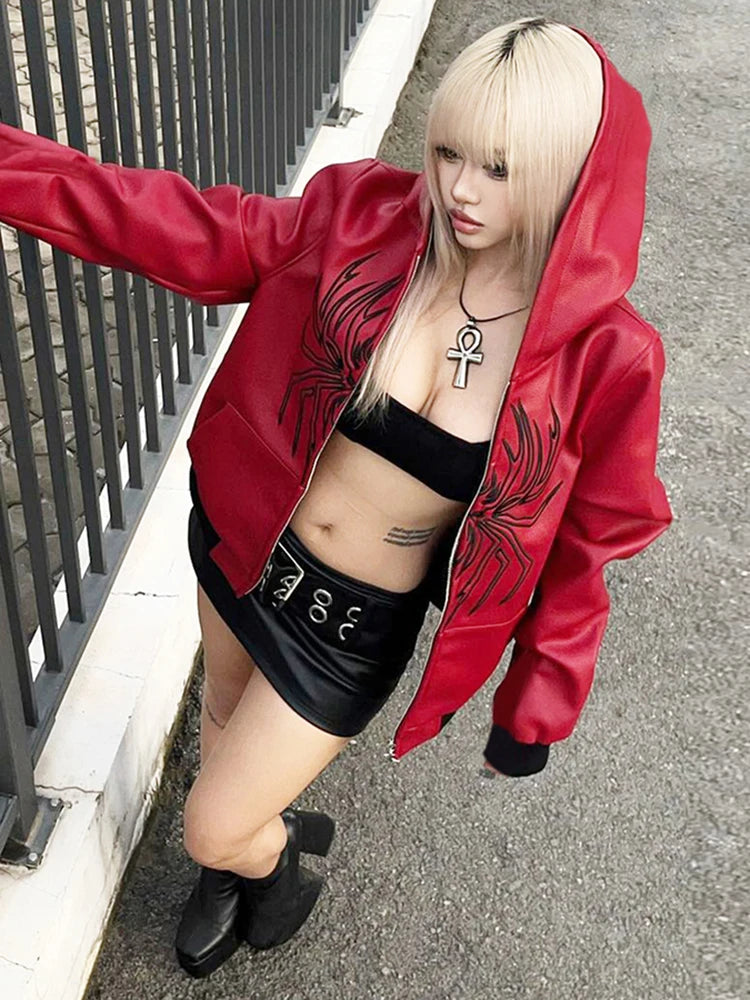 PU Hooded Jacket Women Autumn Trend Zip Spider Print Pocket Patchwork Hip Hop Punk Simple Wild Street Clubwear Coat