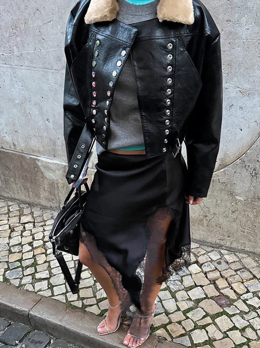PU Leather Jacket Woman Furry Patchwork Lapel Double-Breasted Metal Buckle Belt Full Sleeve High Street Style Coats