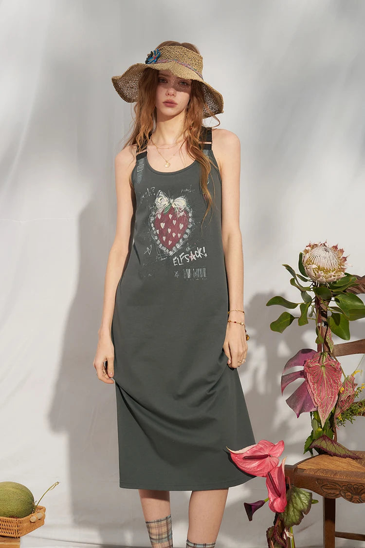 Strawberry Graffiti Print Punk Overall Dress, A-Line Sleeveless Streetwear Midi Dress, Y2K Sweet Grunge