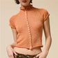 Women Semi Sheer Knit Top Mock Neck Button Front Short Sleeve Slim Cropped Tee Y2K Vintage See Through Knitwear Blouse