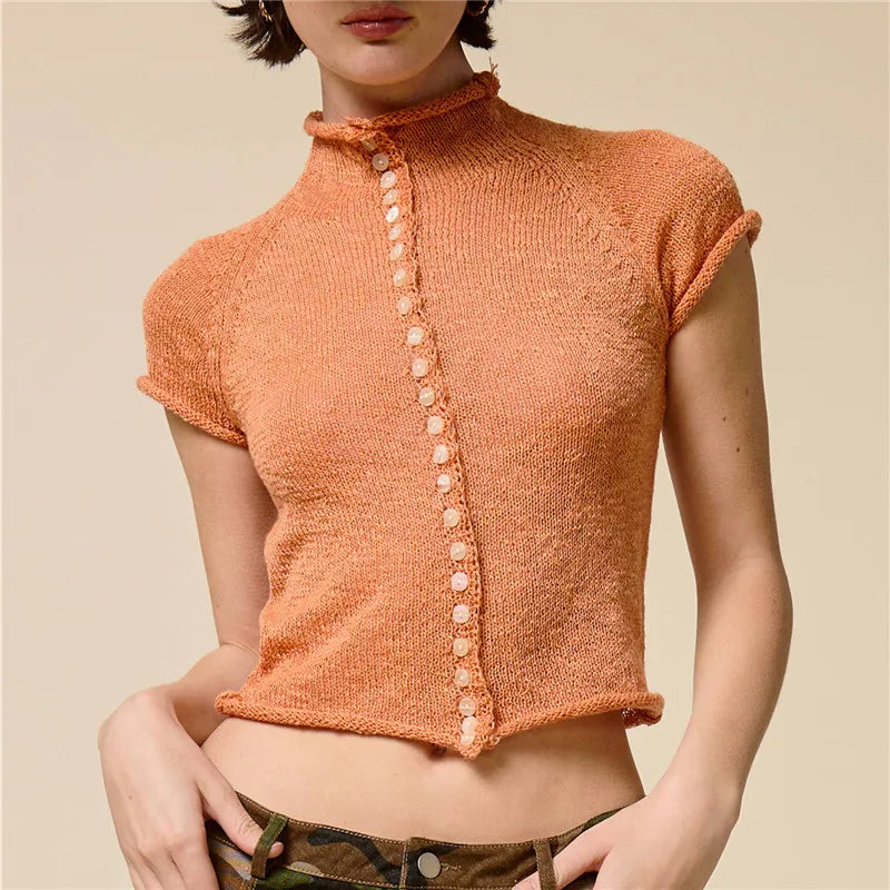 Women Semi Sheer Knit Top Mock Neck Button Front Short Sleeve Slim Cropped Tee Y2K Vintage See Through Knitwear Blouse