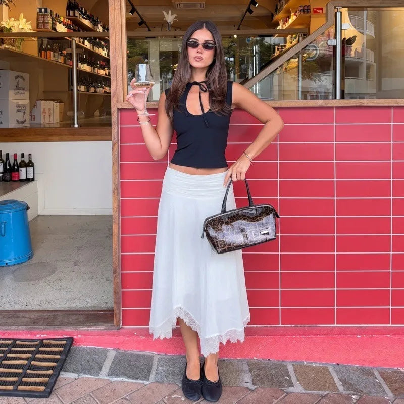 White Long Skirts with Lace Trim Asymmetric Hem Casual Vacation Style Skirt Woman Clothing Bohemian