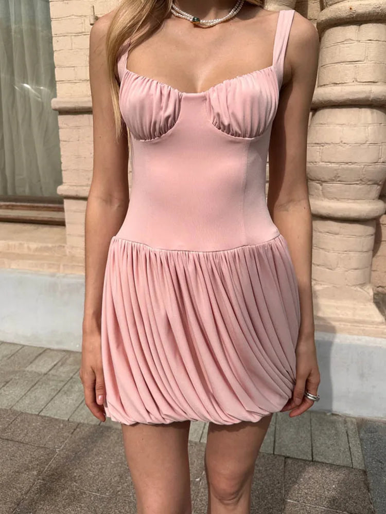 Fashion Spaghetti Strap Sexy Mini Dress Women Elegant Sleeveless Backless High Waist Pleated Club Party Dress 2025