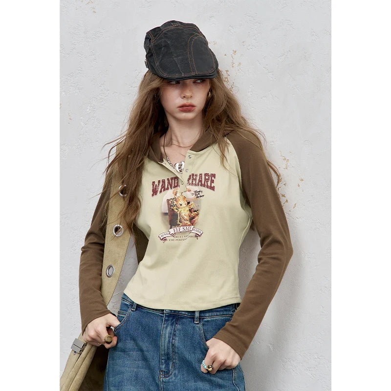 2025 Autumn New Arrivals Casual Print Hoodie Raglan Sleeve Color Block Long Sleeve Top For Women