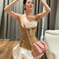 Patchwork 2-Piece Set Women Bandage Low-Neck Fake Fish Bone Belt Decoration Vest+Puffy Hem Skirt Fashion Sweet Suit